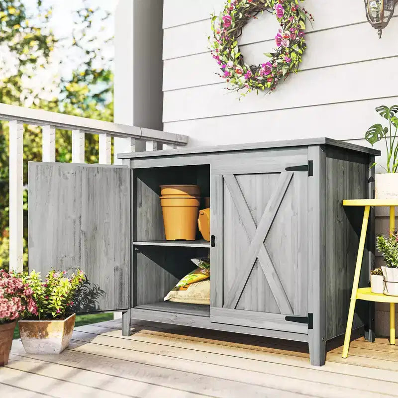 Outsunny Wood Outdoor Storage Cabinet, Compact Garden Shed Potting Shed with Shelf and Double Doors
