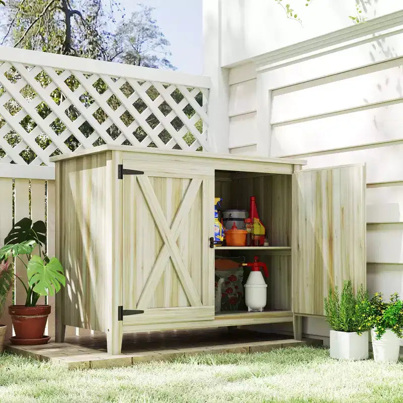Outsunny Wood Outdoor Storage Cabinet, Compact Garden Shed Potting Shed with Shelf and Double Doors