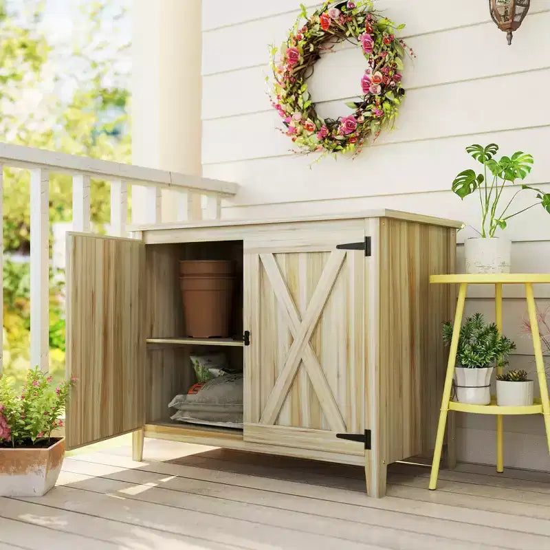 Outsunny Wood Outdoor Storage Cabinet, Compact Garden Shed Potting Shed with Shelf and Double Doors