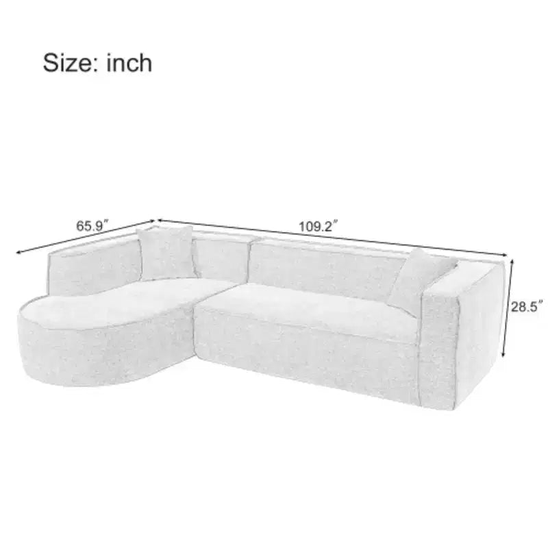 Modern L-shaped sectional sofa with sponge filling, elegant curve, chenille fabric, 2 pillows, for LR/Study.
