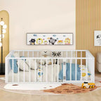 Full Size Metal Floor Bed Frame with Fence and Door, Black