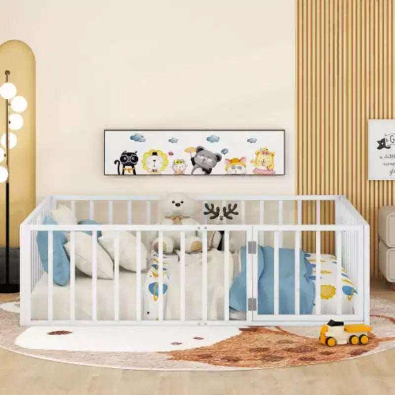 Full Size Metal Floor Bed Frame with Fence and Door, Black