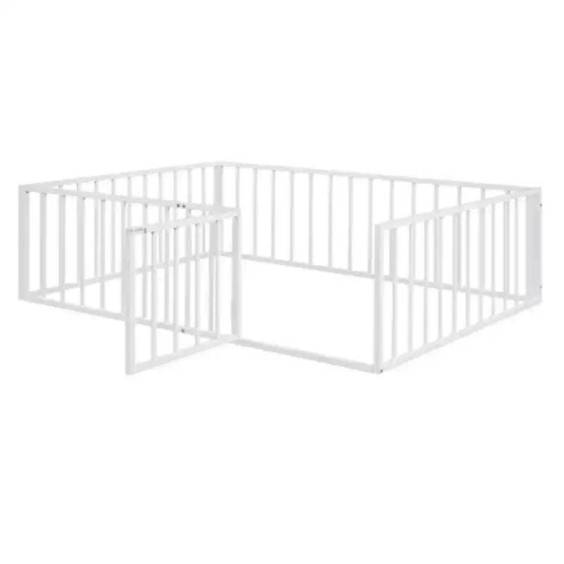 Full Size Metal Floor Bed Frame with Fence and Door, Black