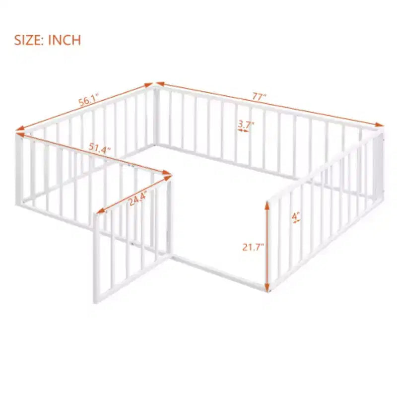 Full Size Metal Floor Bed Frame with Fence and Door, Black