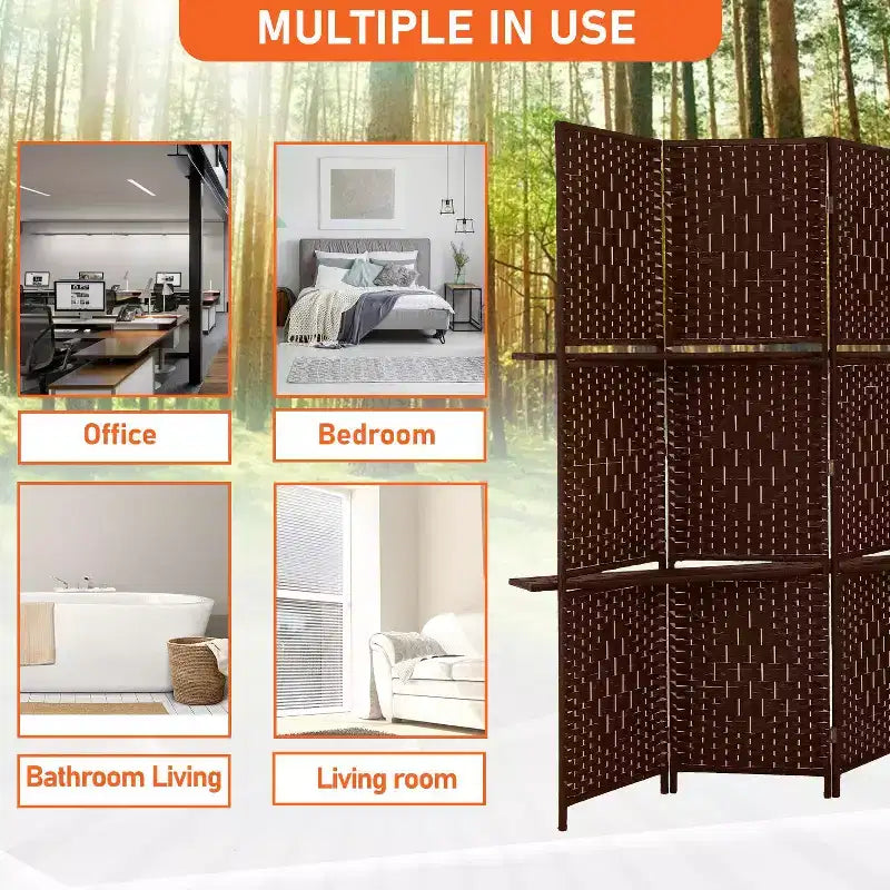 FDW Versatile 4/6 Panel Folding Room Divider Screen Divider Wooden Screen Folding Portable Partition with Built-in Shelves Stylish