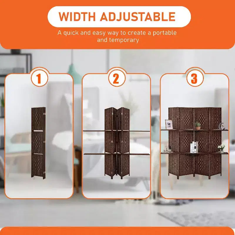 FDW Versatile 4/6 Panel Folding Room Divider Screen Divider Wooden Screen Folding Portable Partition with Built-in Shelves Stylish