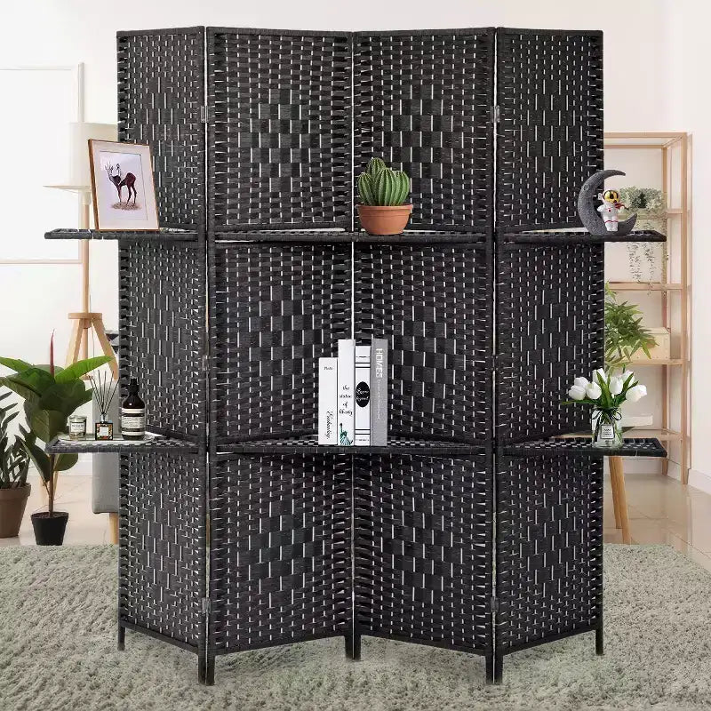 FDW Versatile 4/6 Panel Folding Room Divider Screen Divider Wooden Screen Folding Portable Partition with Built-in Shelves Stylish