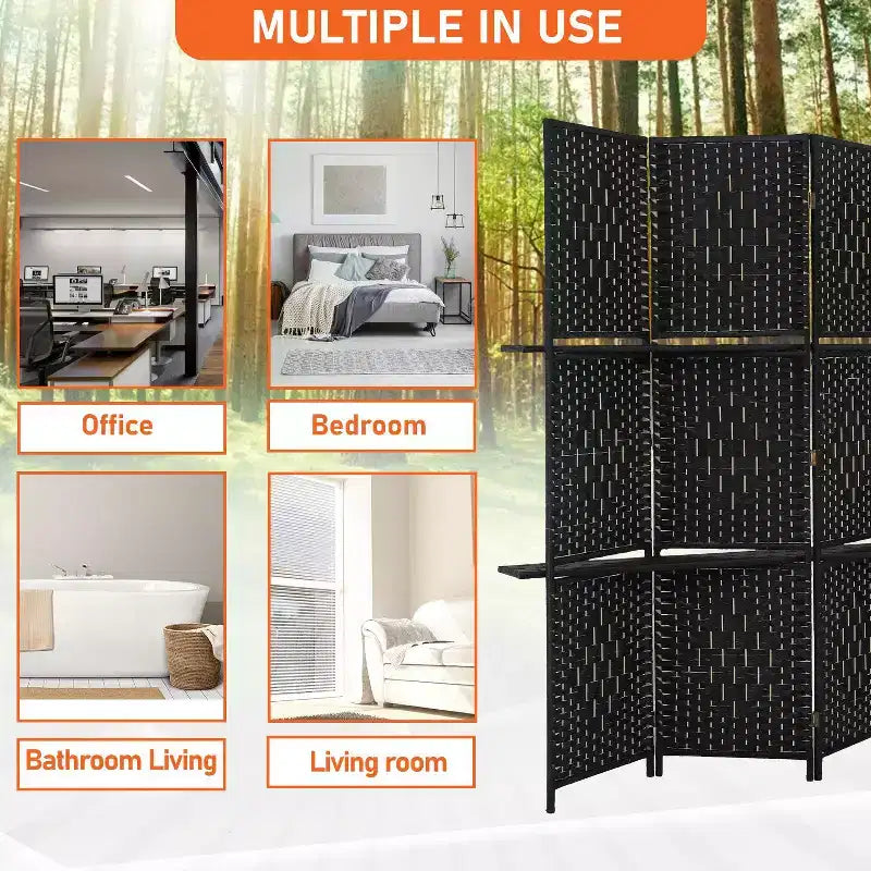 FDW Versatile 4/6 Panel Folding Room Divider Screen Divider Wooden Screen Folding Portable Partition with Built-in Shelves Stylish