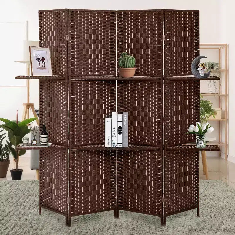 FDW Versatile 4/6 Panel Folding Room Divider Screen Divider Wooden Screen Folding Portable Partition with Built-in Shelves Stylish