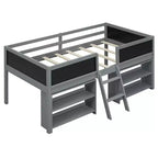 Whisen 78''L*39''W Twin Size Low Loft Bed with Two Movable Shelves and Ladder,with Decorative Guardrail Chalkboard