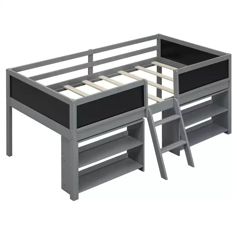 Whisen 78''L*39''W Twin Size Low Loft Bed with Two Movable Shelves and Ladder,with Decorative Guardrail Chalkboard