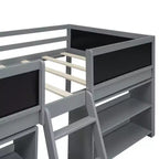 Whisen 78''L*39''W Twin Size Low Loft Bed with Two Movable Shelves and Ladder,with Decorative Guardrail Chalkboard