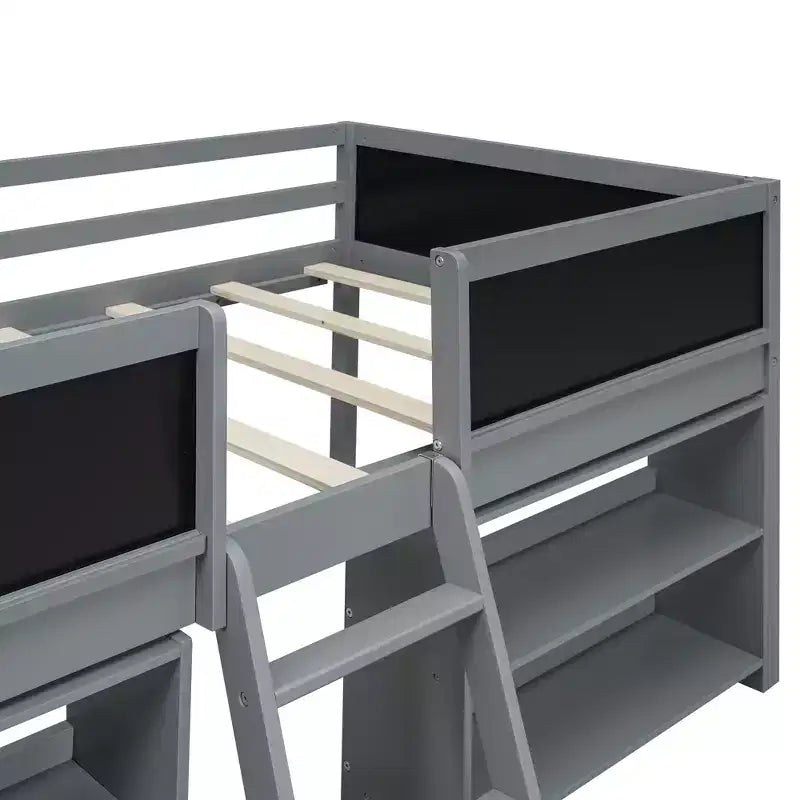 Whisen 78''L*39''W Twin Size Low Loft Bed with Two Movable Shelves and Ladder,with Decorative Guardrail Chalkboard