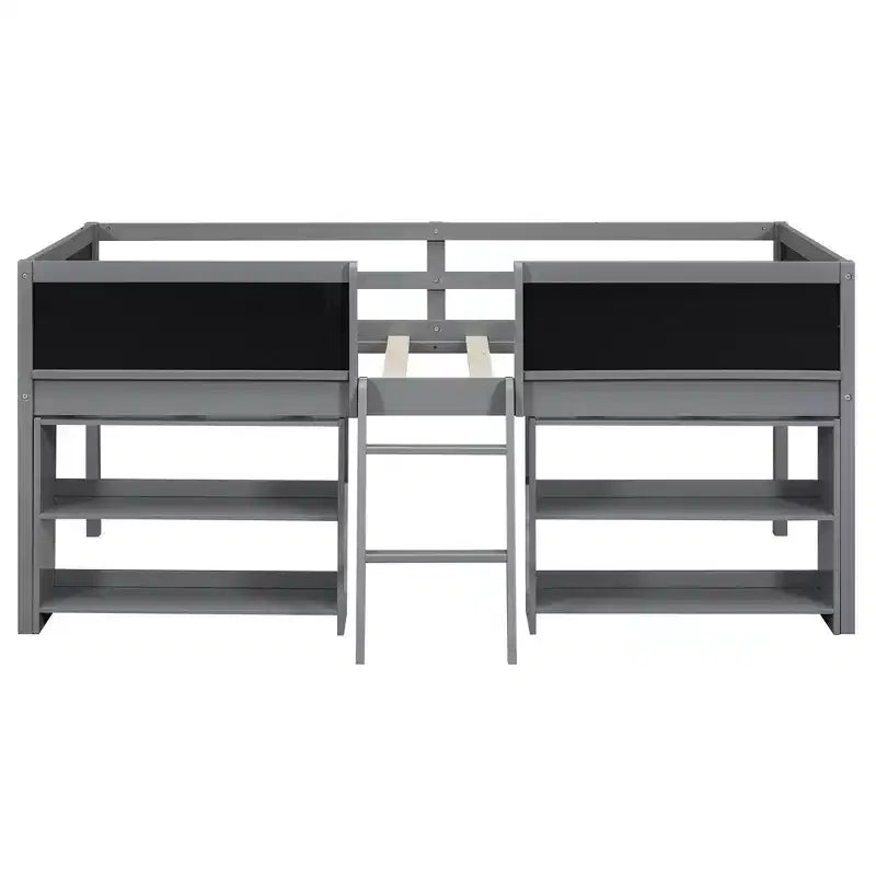 Whisen 78''L*39''W Twin Size Low Loft Bed with Two Movable Shelves and Ladder,with Decorative Guardrail Chalkboard