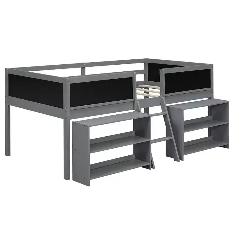 Whisen 78''L*39''W Twin Size Low Loft Bed with Two Movable Shelves and Ladder,with Decorative Guardrail Chalkboard