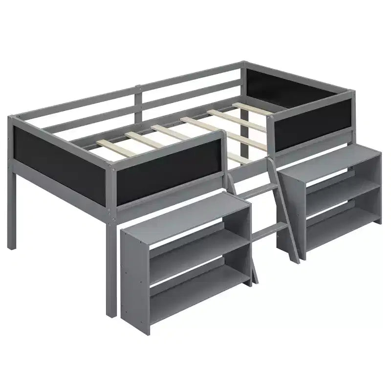 Whisen 78''L*39''W Twin Size Low Loft Bed with Two Movable Shelves and Ladder,with Decorative Guardrail Chalkboard
