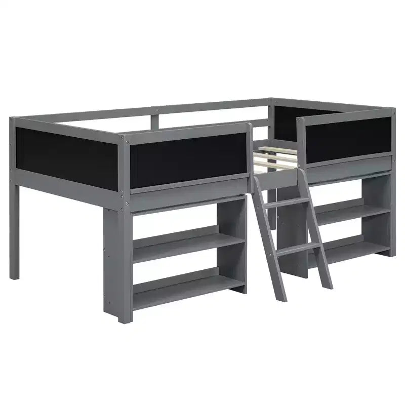 Whisen 78''L*39''W Twin Size Low Loft Bed with Two Movable Shelves and Ladder,with Decorative Guardrail Chalkboard