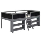 Whisen 78''L*39''W Twin Size Low Loft Bed with Two Movable Shelves and Ladder,with Decorative Guardrail Chalkboard