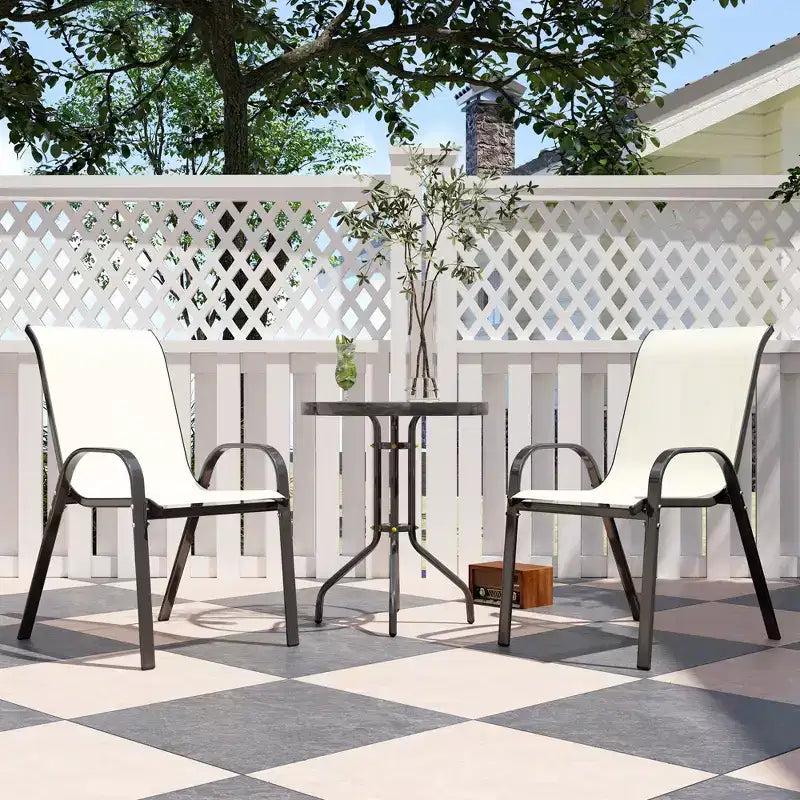 Outsunny 3 Pieces Outdoor Bistro Set, Patio Furniture with Stackable Chairs and Glass Table, High Back Small Patio Set for Balcony, Porch