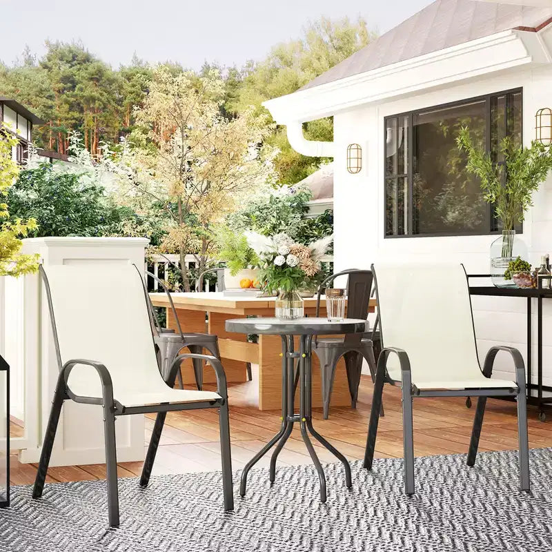 Outsunny 3 Pieces Outdoor Bistro Set, Patio Furniture with Stackable Chairs and Glass Table, High Back Small Patio Set for Balcony, Porch