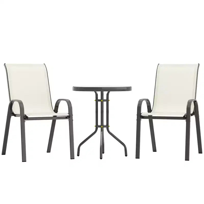 Outsunny 3 Pieces Outdoor Bistro Set, Patio Furniture with Stackable Chairs and Glass Table, High Back Small Patio Set for Balcony, Porch
