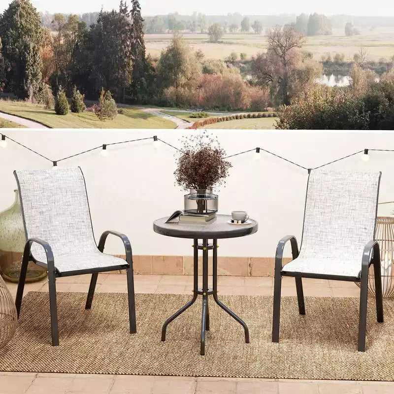 Outsunny 3 Pieces Outdoor Bistro Set, Patio Furniture with Stackable Chairs and Glass Table, High Back Small Patio Set for Balcony, Porch