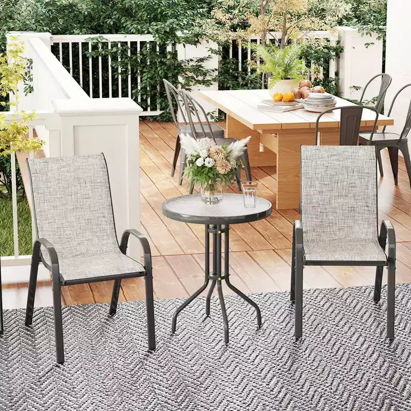 Outsunny 3 Pieces Outdoor Bistro Set, Patio Furniture with Stackable Chairs and Glass Table, High Back Small Patio Set for Balcony, Porch