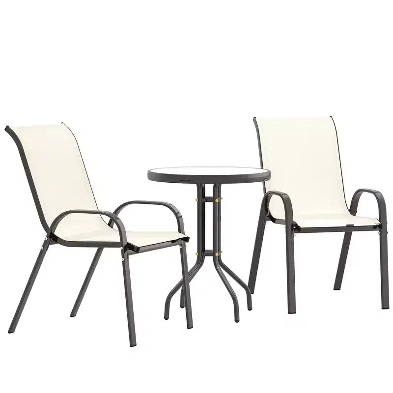 Outsunny 3 Pieces Outdoor Bistro Set, Patio Furniture with Stackable Chairs and Glass Table, High Back Small Patio Set for Balcony, Porch
