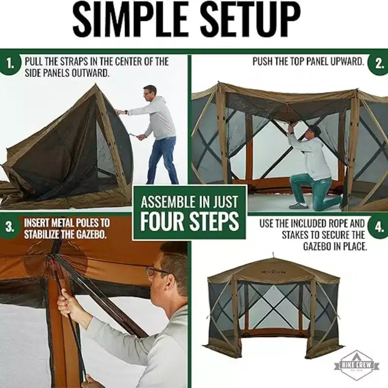 Hike Crew 12 x 12 Pop Up Gazebo, 6-Sided Outdoor Tent Canopy with Stakes, Ropes & More