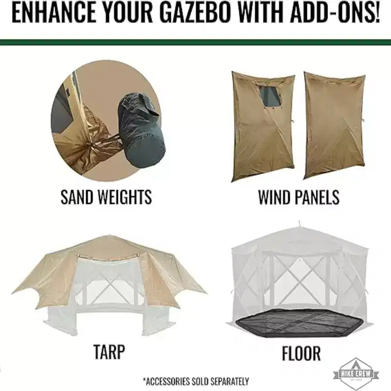 Hike Crew 12 x 12 Pop Up Gazebo, 6-Sided Outdoor Tent Canopy with Stakes, Ropes & More