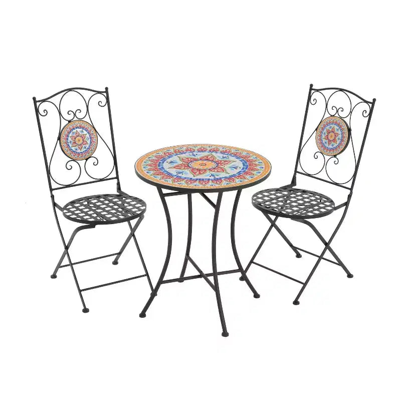 Christopher Knight Home Priscilla 3 Pieces Outdoor Ceramic Tile and Iron Foldable Bistro Set, Black/Red