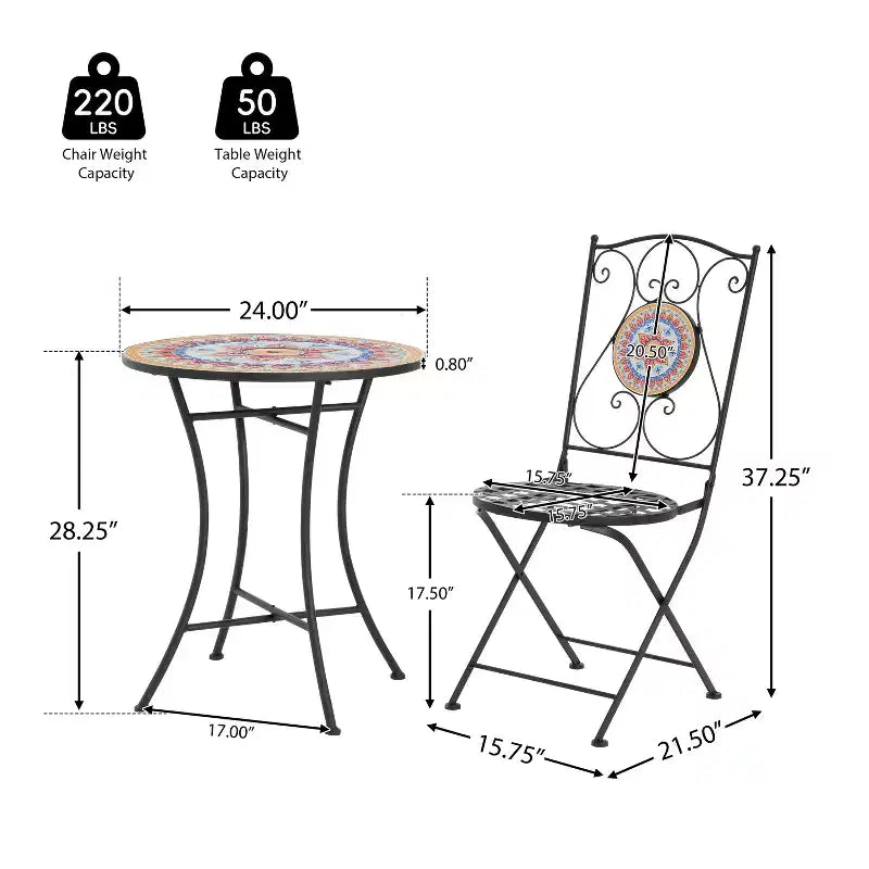 Christopher Knight Home Priscilla 3 Pieces Outdoor Ceramic Tile and Iron Foldable Bistro Set, Black/Red
