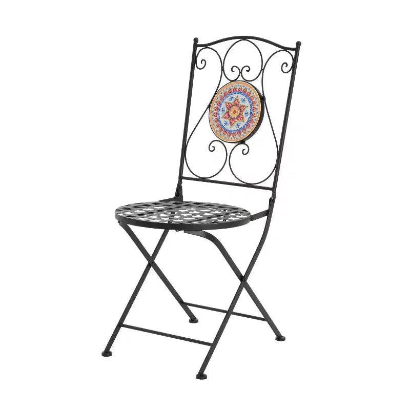 Christopher Knight Home Priscilla 3 Pieces Outdoor Ceramic Tile and Iron Foldable Bistro Set, Black/Red