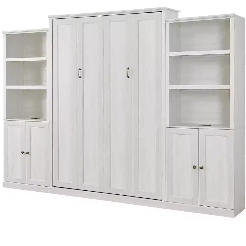 Queen Size Murphy Bed Wall Bed with Side Cabinet, Space-Saving Bed Perfect for Guest Room, Bed Room, Home Office, Rustic White/Brown -ModernLuxe