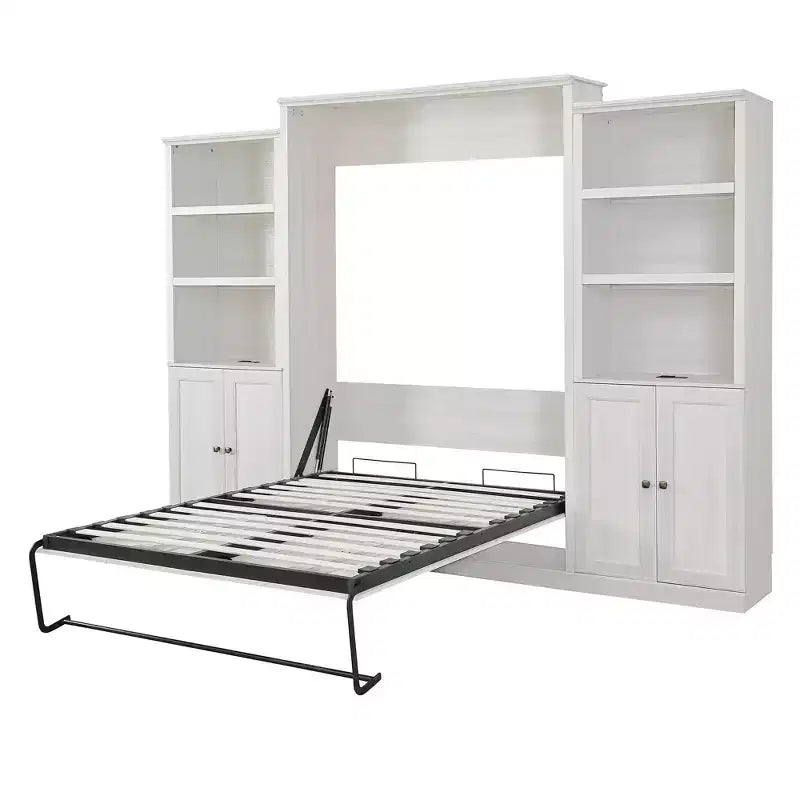 Queen Size Murphy Bed Wall Bed with Side Cabinet, Space-Saving Bed Perfect for Guest Room, Bed Room, Home Office, Rustic White/Brown -ModernLuxe