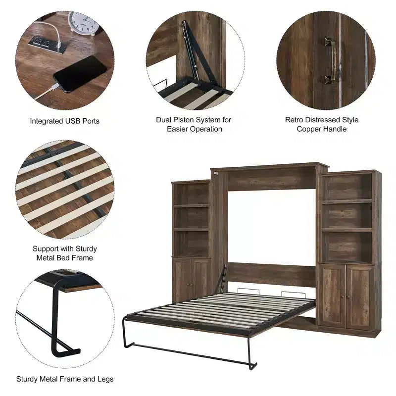 Queen Size Murphy Bed Wall Bed with Side Cabinet, Space-Saving Bed Perfect for Guest Room, Bed Room, Home Office, Rustic White/Brown -ModernLuxe