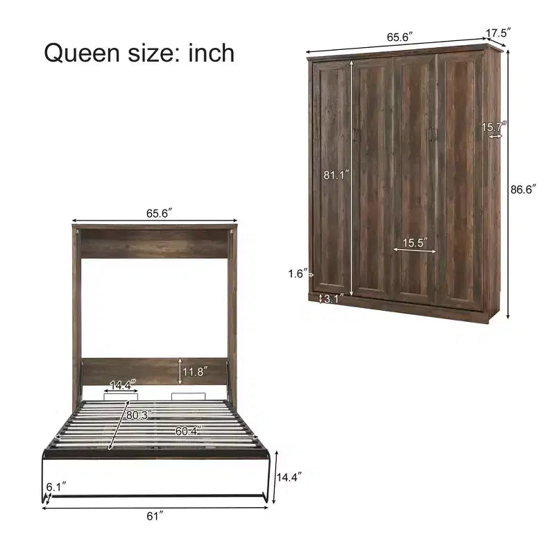 Queen Size Murphy Bed Wall Bed with Side Cabinet, Space-Saving Bed Perfect for Guest Room, Bed Room, Home Office, Rustic White/Brown -ModernLuxe
