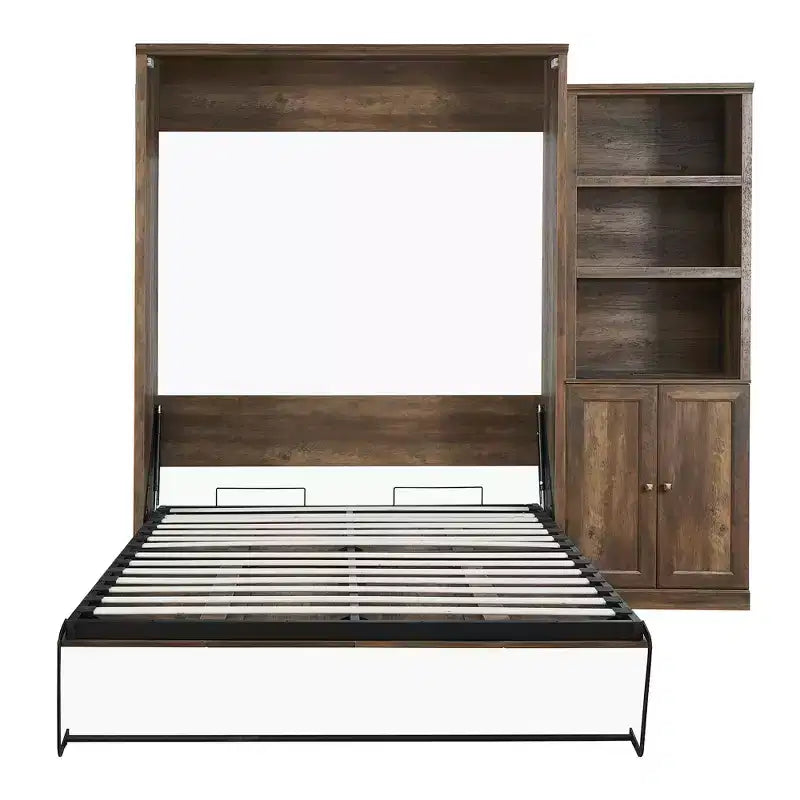 Queen Size Murphy Bed Wall Bed with Side Cabinet, Space-Saving Bed Perfect for Guest Room, Bed Room, Home Office, Rustic White/Brown -ModernLuxe
