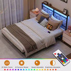Hausource Floating Bed Frame with LED Storage Headboard, Charging Station, No Box Spring Needed