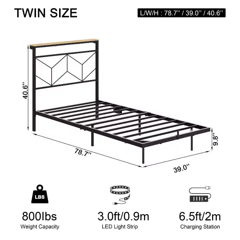 Hausource Floating Bed Frame with LED Storage Headboard, Charging Station, No Box Spring Needed