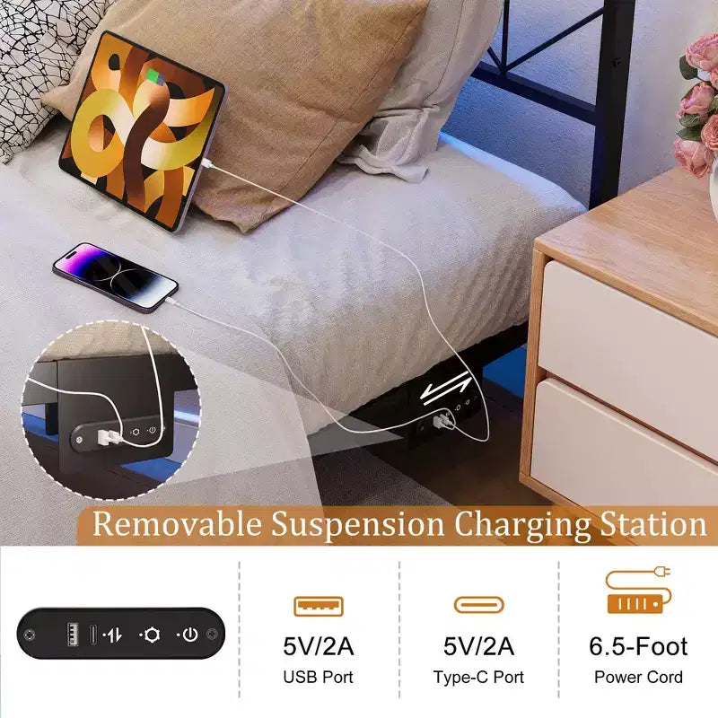 Hausource Floating Bed Frame with LED Storage Headboard, Charging Station, No Box Spring Needed