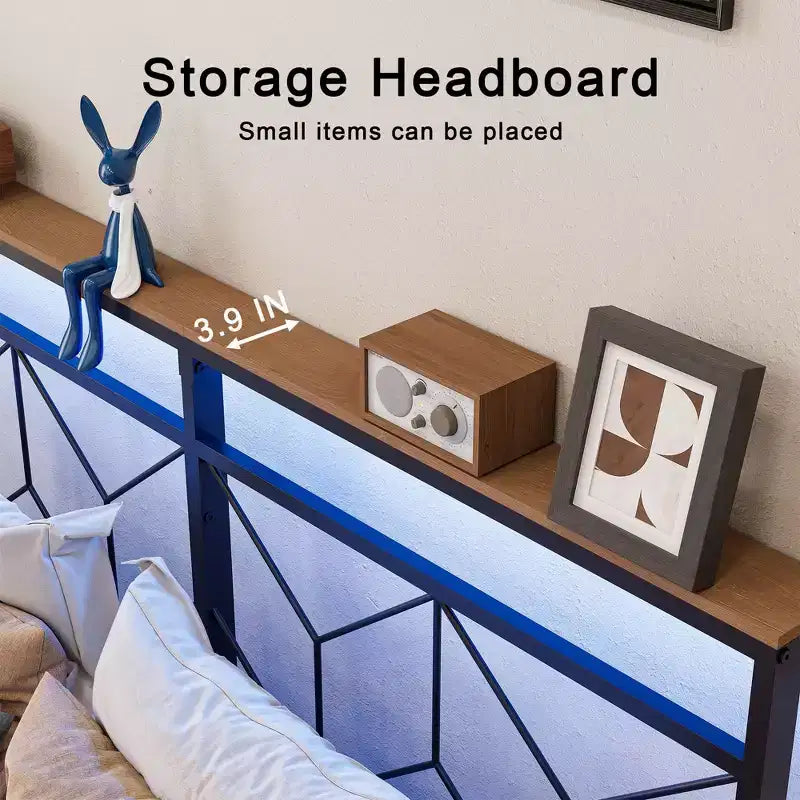 Hausource Floating Bed Frame with LED Storage Headboard, Charging Station, No Box Spring Needed