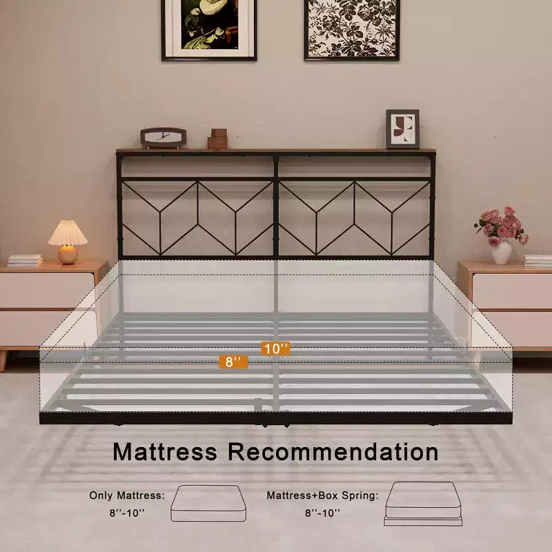 Hausource Floating Bed Frame with LED Storage Headboard, Charging Station, No Box Spring Needed