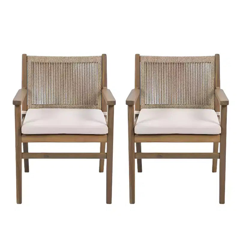 Christopher Knight Home Wecker Outdoor Rope Weave Acacia Wood Dining Chairs ( Set of 2), Beige/ Light Brown