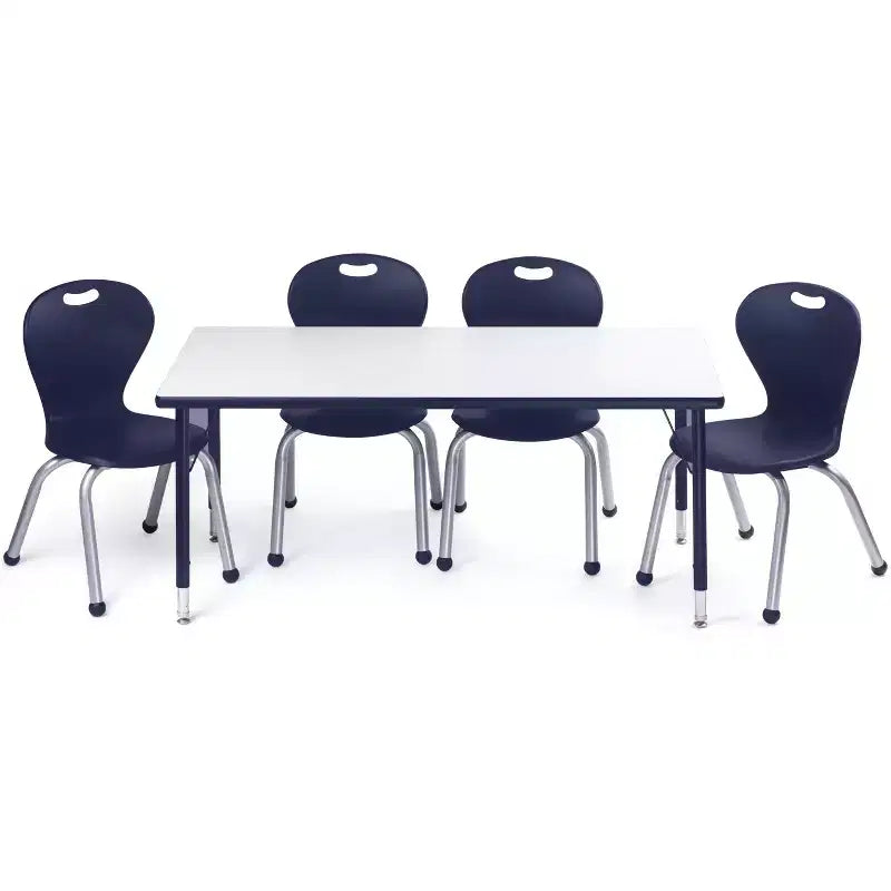 Bintiva Activity Table & Chair Set  24x48 Black Sprayed Edge Table with Adjustable Legs and 4 Blue 14 ZUUL Classroom Chairs