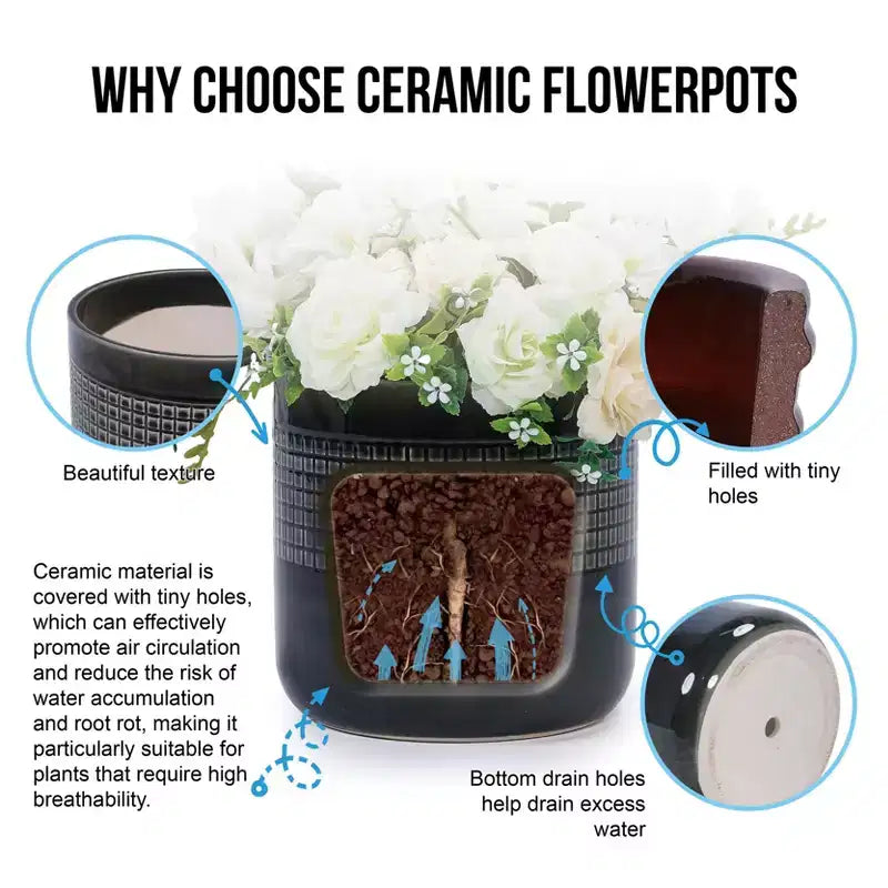 MAYEERTY 3-Piece Ceramic Flowerpot Modern Planter Black for Patio Garden Windowsills