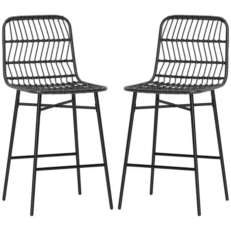 HOMCOM Rattan Counter Height Bar Stools Set of 2, 26 Wicker Barstools with Back, Bar Chairs for Kitchen Island, Kitchen Counter, Dining Room, Black