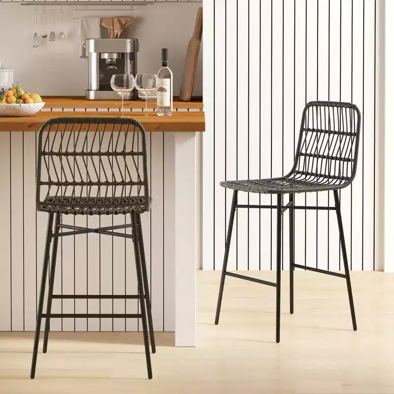 HOMCOM Rattan Counter Height Bar Stools Set of 2, 26 Wicker Barstools with Back, Bar Chairs for Kitchen Island, Kitchen Counter, Dining Room, Black