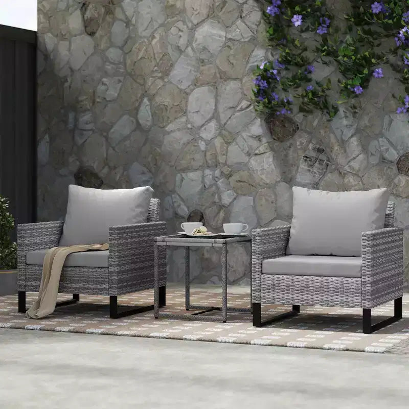 Outsunny 3 Pieces Patio Furniture Set, Wicker Bistro Set with 4 Cushions, Rattan Chairs and Glass Coffee Table for Backyard, Porch, Balcony, Gray