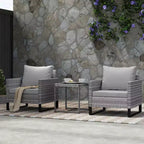 Outsunny 3 Pieces Patio Furniture Set, Wicker Bistro Set with 4 Cushions, Rattan Chairs and Glass Coffee Table for Backyard, Porch, Balcony, Gray